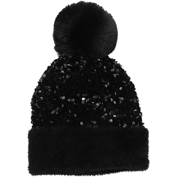 Beanie for Women Winter Knitted Sparkly Sequins Hat with Faux Fur Pom Warm Knit Skull Cap Beanies Outdoor Ski Hiking