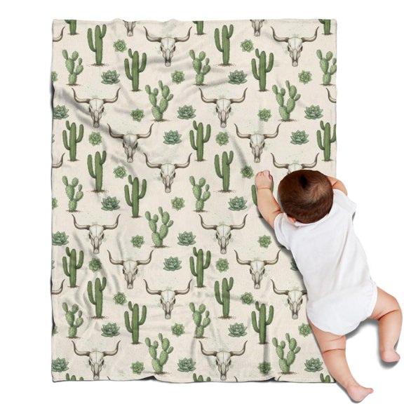 Beige Buffalo Skull Cactus Succulent Pattern Blanket,Comfortable Soft Flannel Throw Blanket,All Season,Warm Lightweight Blankets for Sofa Bed Couch Living Room Chair,30"x40"
