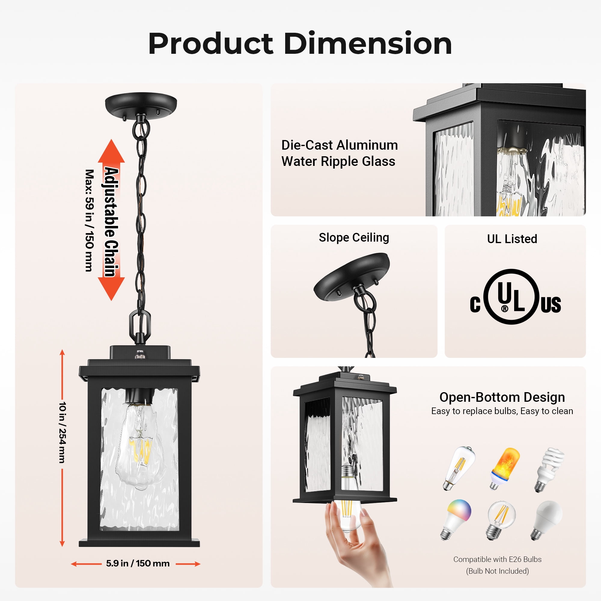 Gleamz Black Dusk to Dawn Outdoor Pendant Lights with Water Glass, Adjustable Chain Waterproof Hanging Porch Light, Outside Chandelier for Porch, Patio, Driveway