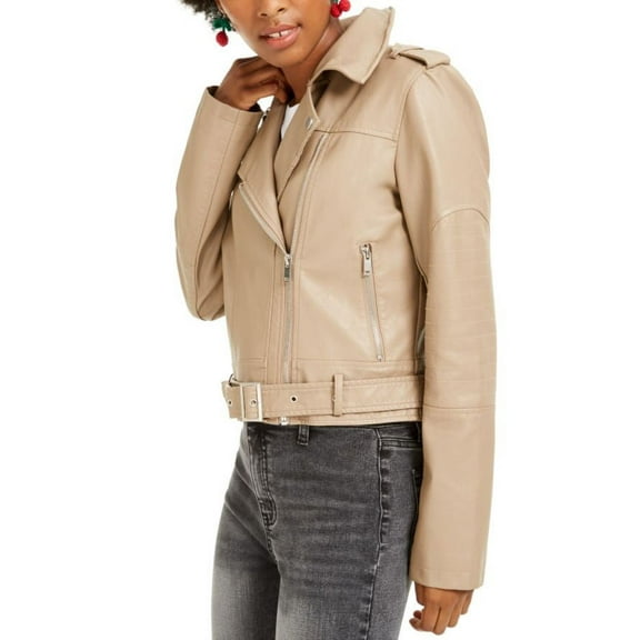 Collection B Girl's Tan Faux-Leather Belted Moto Jacket, Large