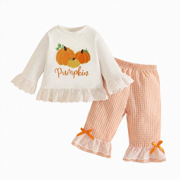 Quealent Toddler Baby Girl Halloween Outfit Set Pumpkin Embroidery Long Sleeve Shirt Top Plaid Flared Pants (White, 6-12 Months)