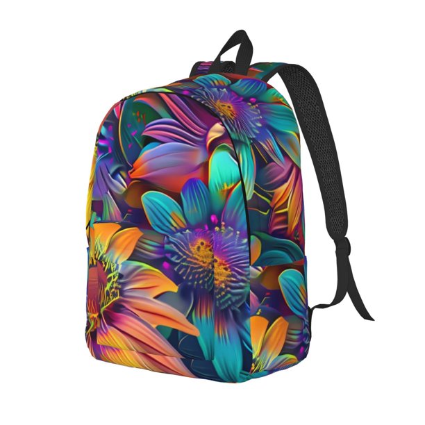 Disketp Psychedelic Sunflowers print Canvas Backpack Lightweight Travel Daypack Student Rucksack Laptop Backpack-