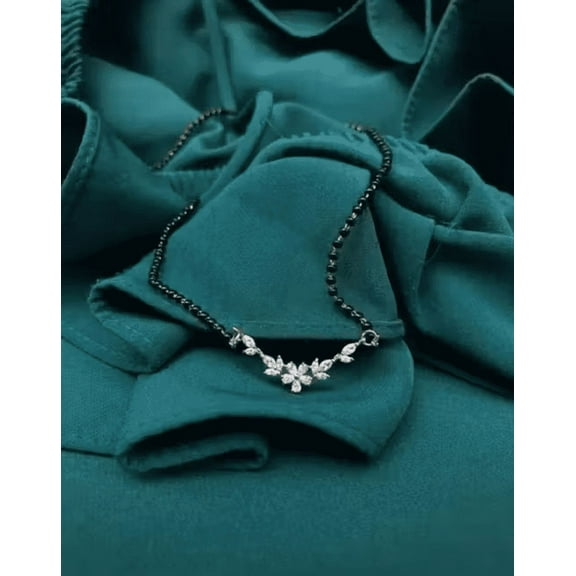 Delicate Floral Pendent-Cut CZ Mangalsutra with Black Beads – Gold-Plated Chain