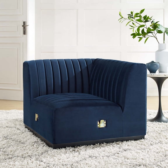 Modway Conjure Channel Tufted Performance Velvet Left Corner Chair in Black Midnight Blue