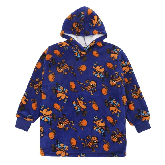 Dog Man Petey & Dog Man All-Over Print Boy's Blue Long Sleeve Sherpa Lined Kids Wearable Hoodie Blanket-10 - 14