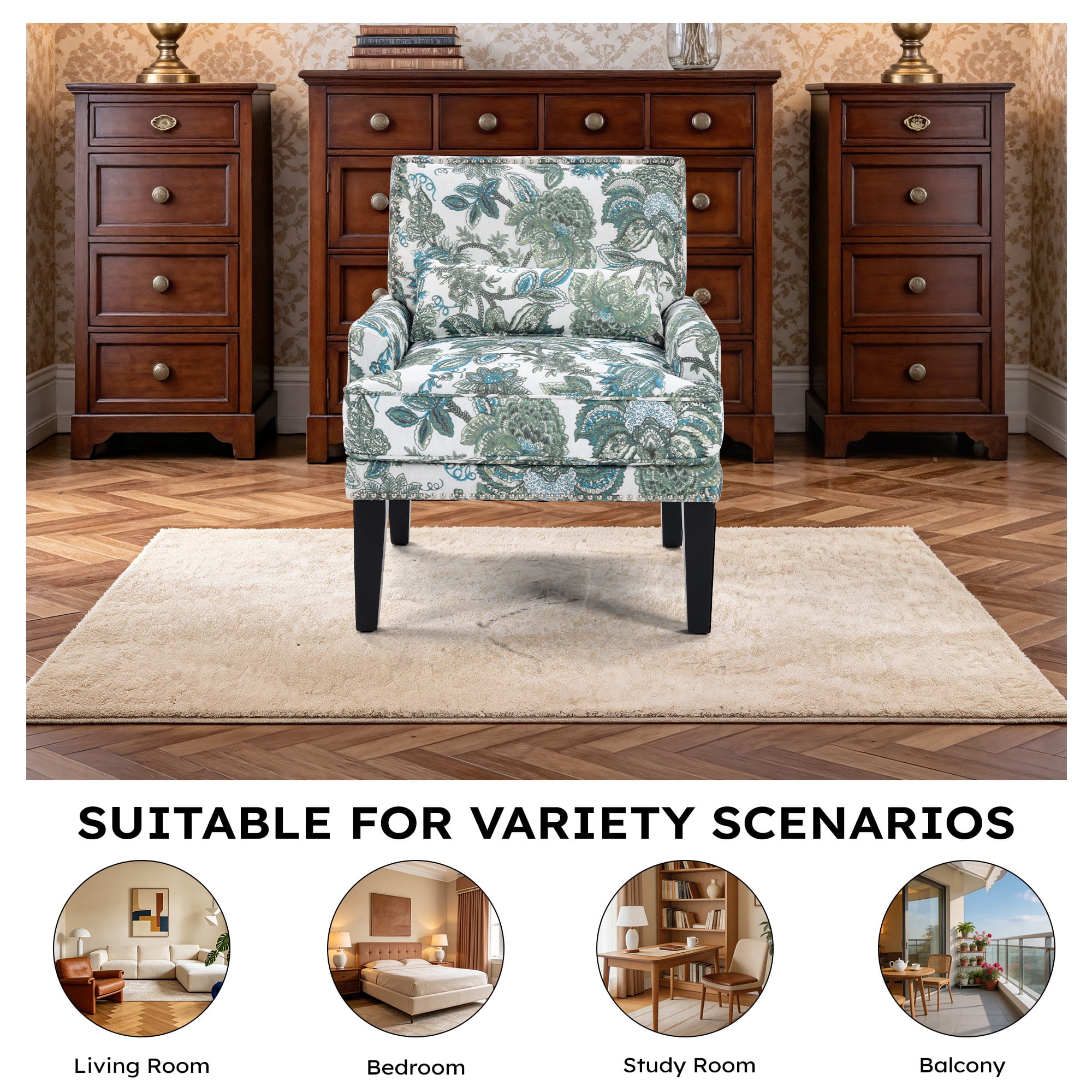 Bonzy Home Modern Floral Print Accent Chair with Arms and Wooden Legs, Mid‑Century High‑Back Wing Chair with Padded Armrests & Cushioned Seat for Living Room, Blue Green Floral