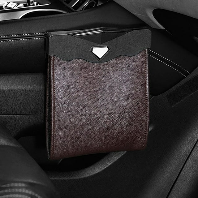 Car Trash Can, Waterproof Leather Car Garbage Bin with LED Light, Hanging Back Seat Storage Bag Leak Proof Front Mounted Organizer, Brown