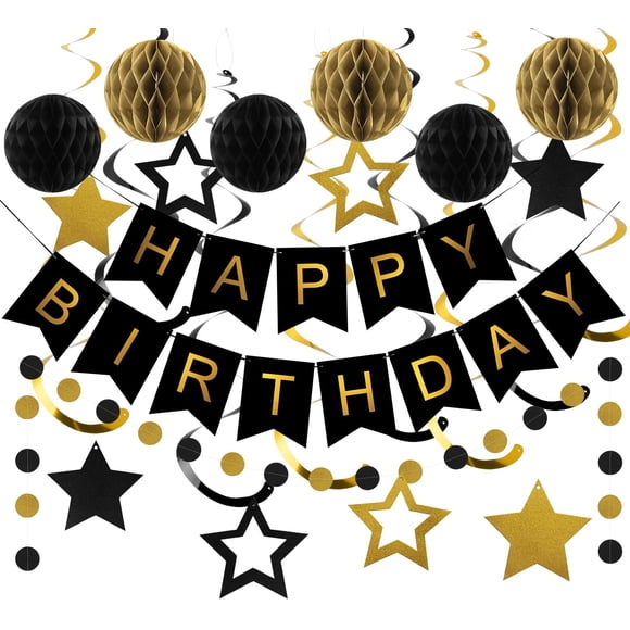 Decoraciones de cumpleaños meowtastic Happy Birthday en negro y dorado