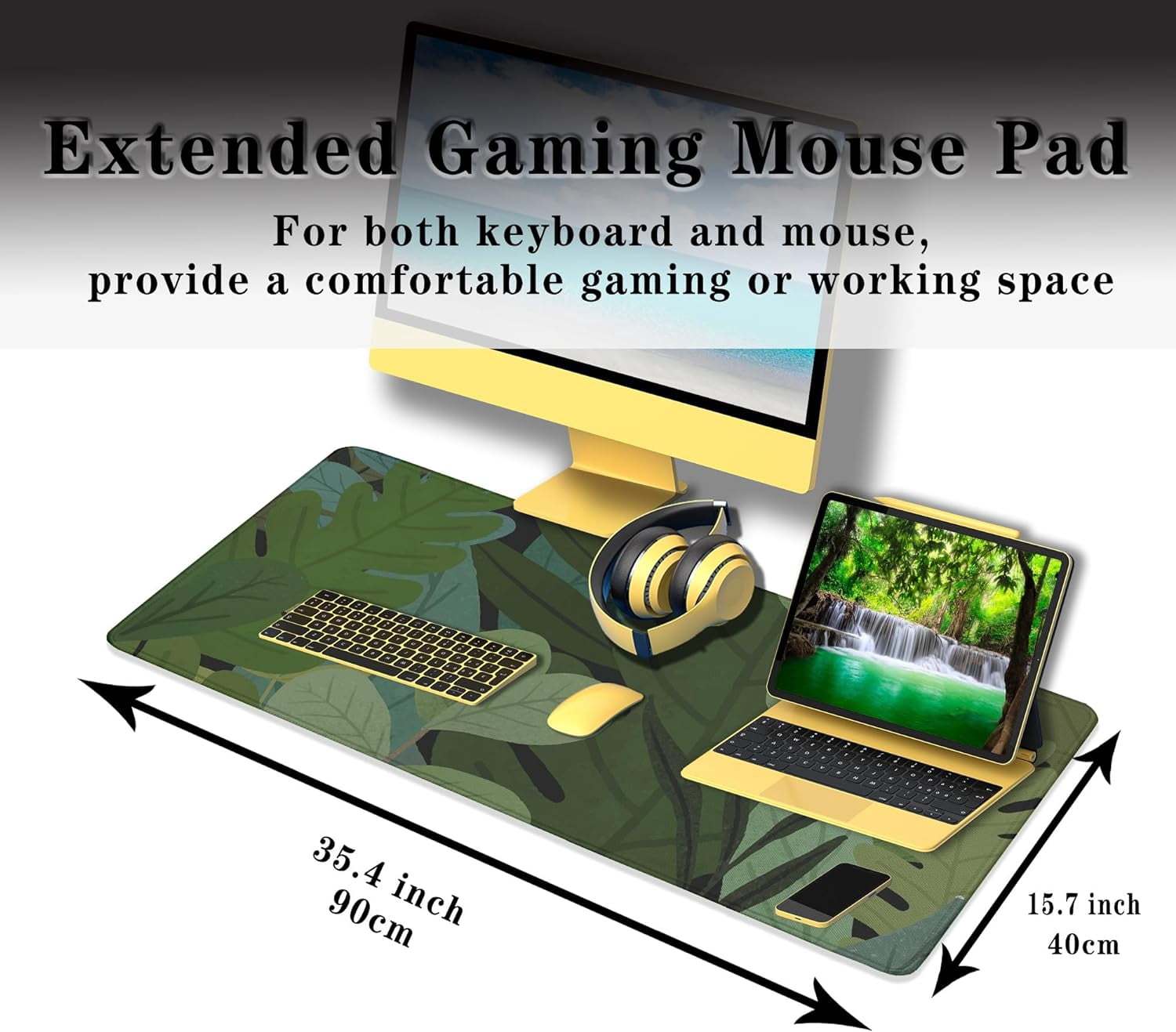 Full Desk Mat Green Gaming Mousepad XXL, Large Desk Pad for Keyboard and Mouse, Neutral Mouse Pad Waterproof Non-Slip Rubber Base, 35.4" X 15.7" for Work/Game/Office/Home Monstera Leaves Anime