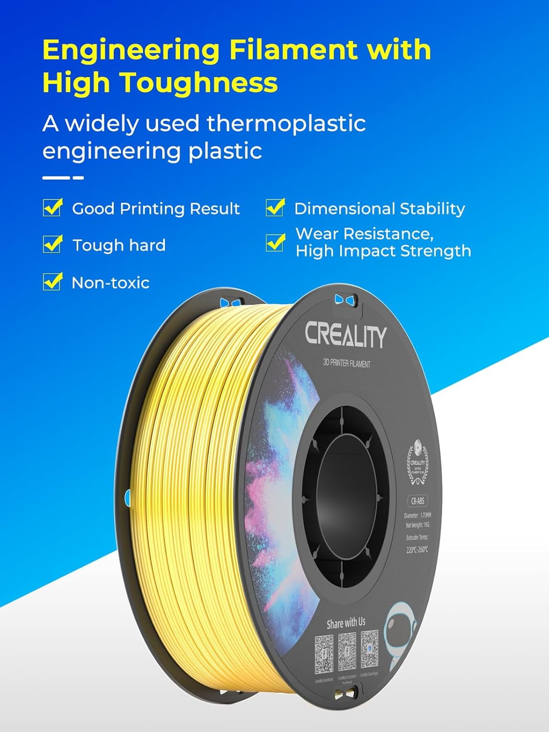 ABS Filament 1.75mm, 3D Printer Filament, Excellent Resistance, Odorless Non-Toxic, Stability, Tough, 1kg(2.2lbs) Printing Filament for 3D Printer (Black)