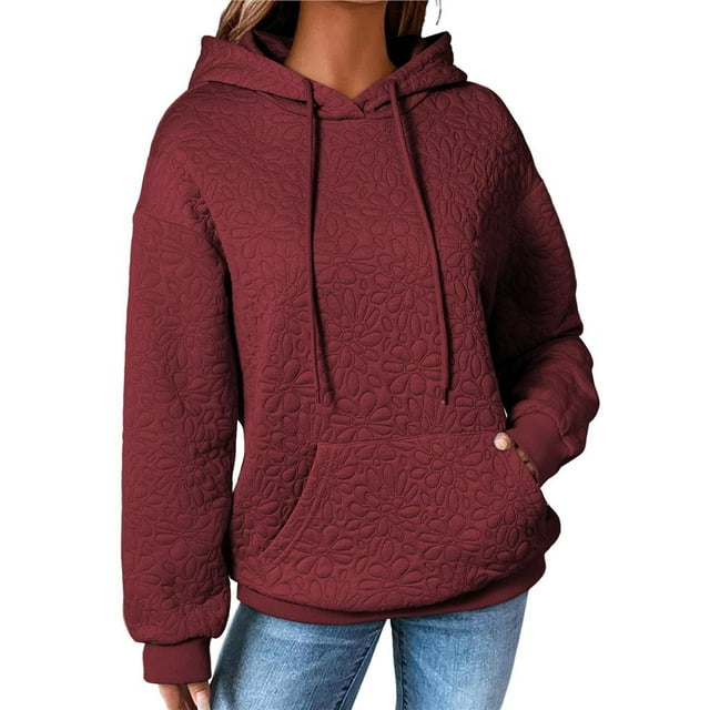 Sudadera con Capucha para Mujer, Informal, de Larga, con Cordón Ajustable, de Jacquard, Estilo Pulóver, Ropa Holgada. Vino Tinto M