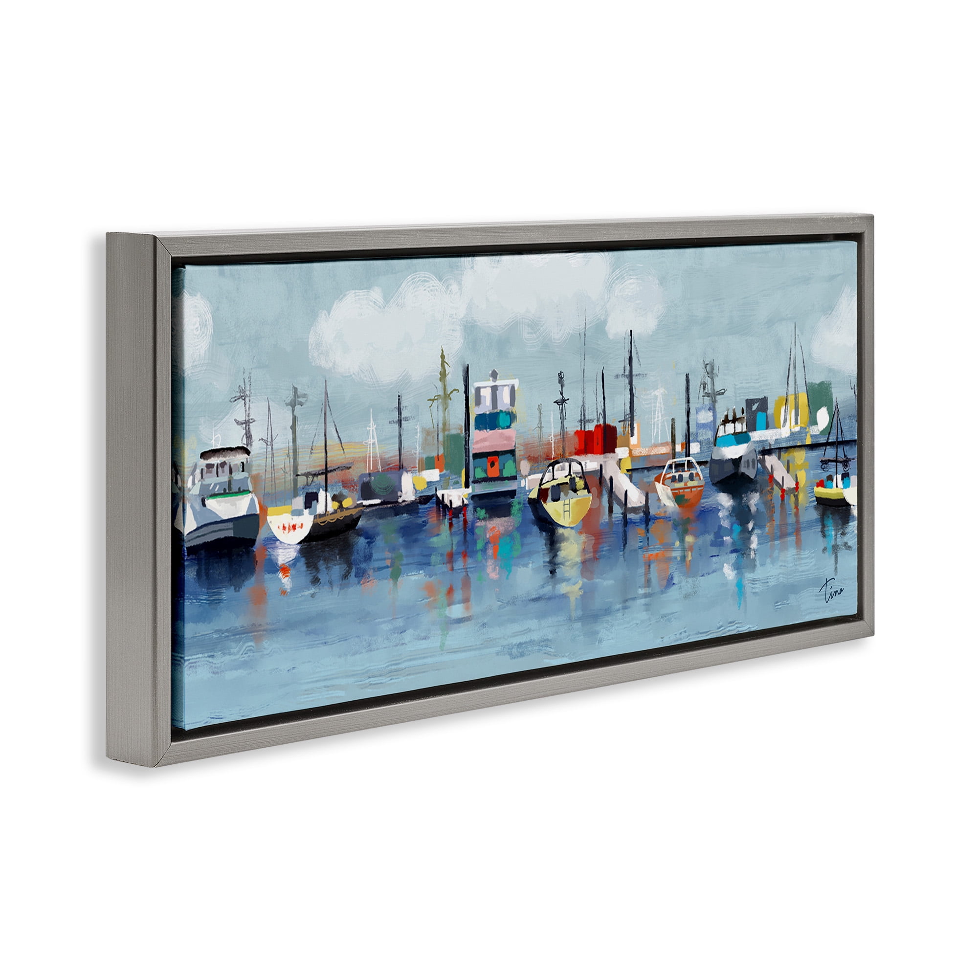 Stupell Industries Varied Boats Docked Port Marina Nature Painting Gray Floater Framed Canvas Art Print Wall Art, 31 x 14