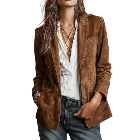 LWavelet Suede Blazer Jacket Women Elegant Office Casual Trendy Fall Versatile Soft Structured Outerwear Camel XL