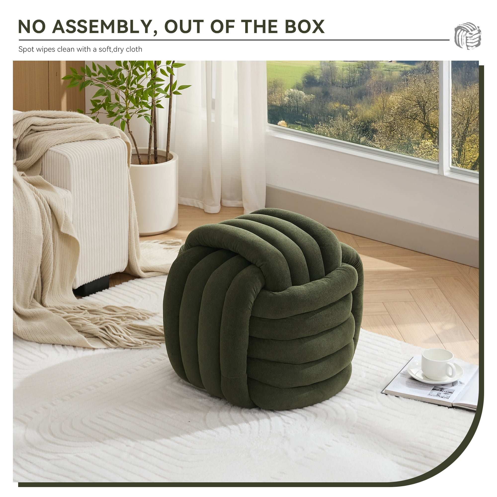 Timbernest Small Ottoman Foot Rest, Modern Stylish Chenille Foot Stool, Knot Design Makeup Stool, Green