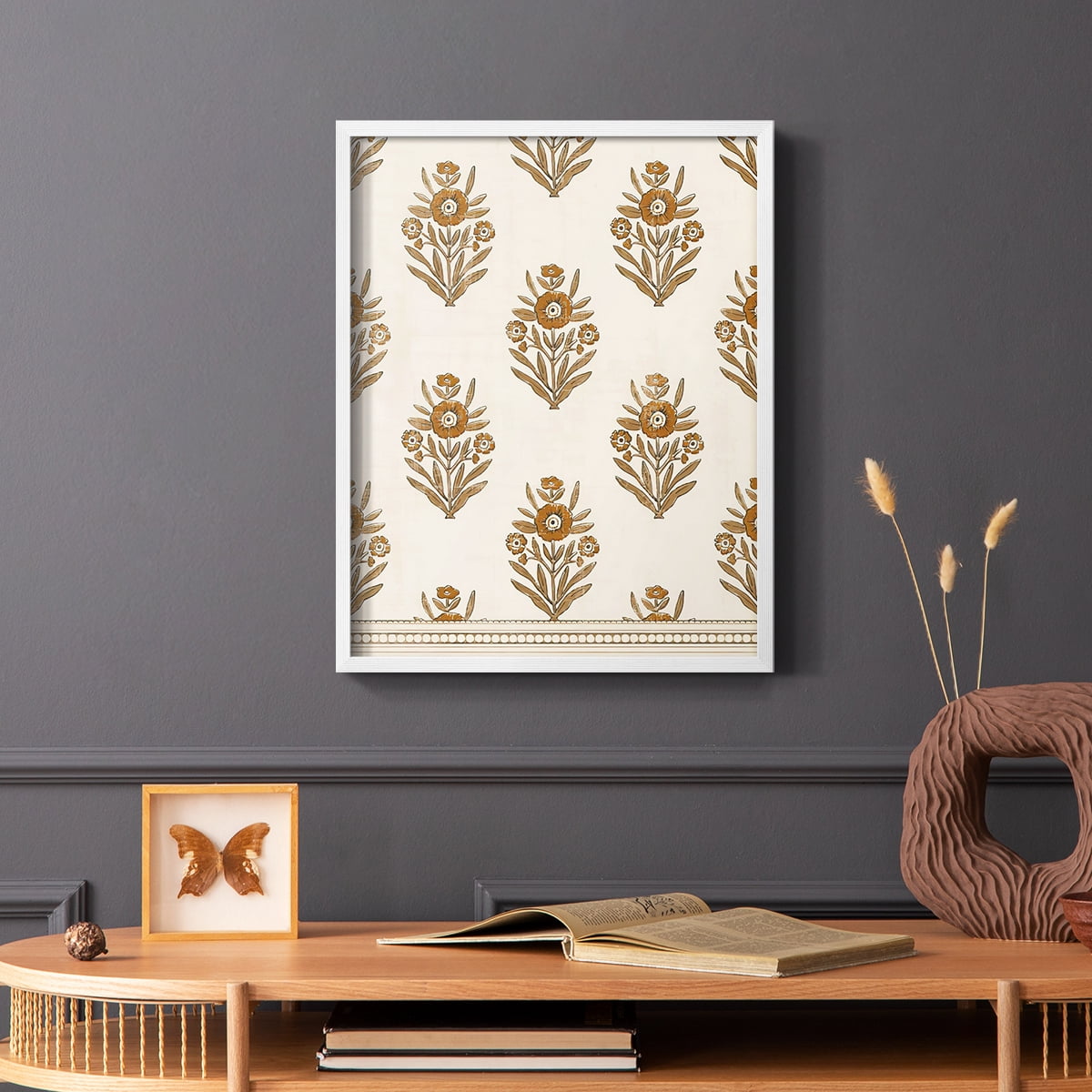 Block Print Blooms II Framed Print in White Solid Wood Framed Print No Nail Hanging