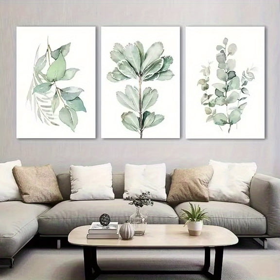 [2D Flat] 3pcs FIAT 2D Flat, Frameless Canvas Wall Art - Vibrant Green Eucalyptus Leaves Print, Watercolor Painting, Modern Vertical Rectangular Decor for Home & Office, Unframed Canvas Wall Art, Wa