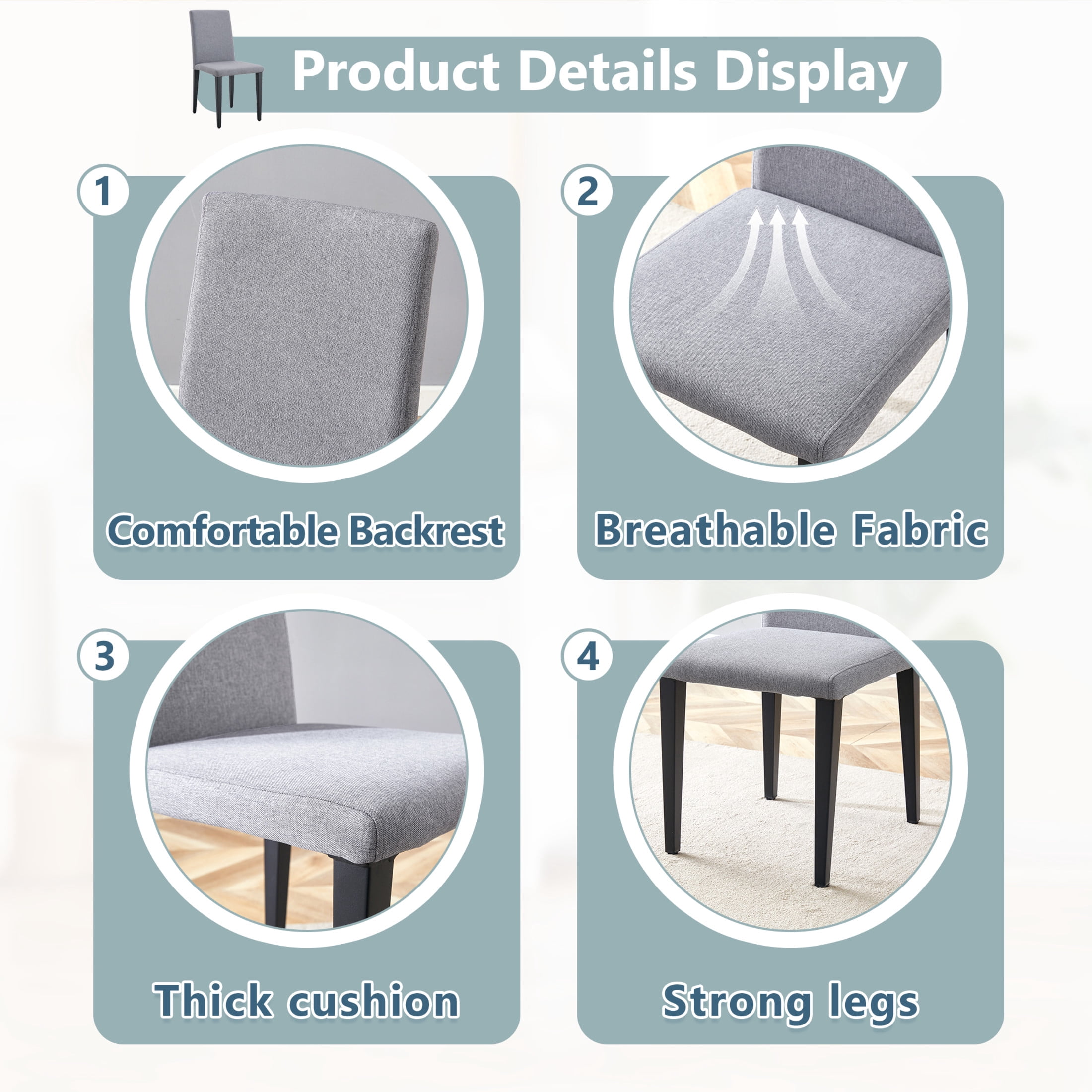 Noble House 35.4" Dining Chairs, Linen-Cotton Upholstered, Black Metal Legs, Breathable Comfort, Light Gray, Set of 4