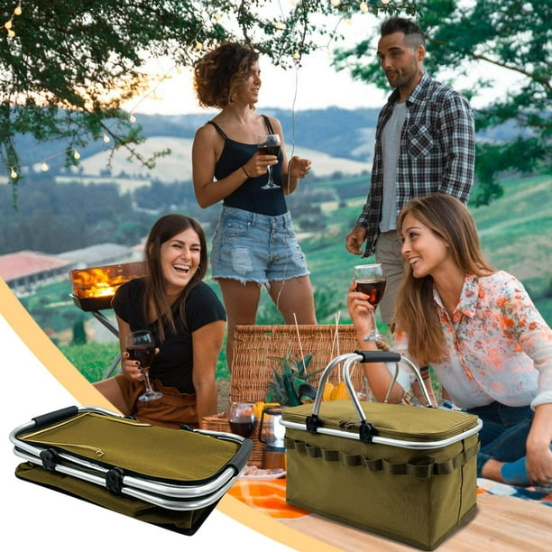 Bolsa de picnic para nevera plegable al aire libre | Bolso Tote Aislado de Tela Oxford Multifuncional | Portahielos portátil de gran capacidad | Mantenga las bebidas frías o calientes | Caqui Verde