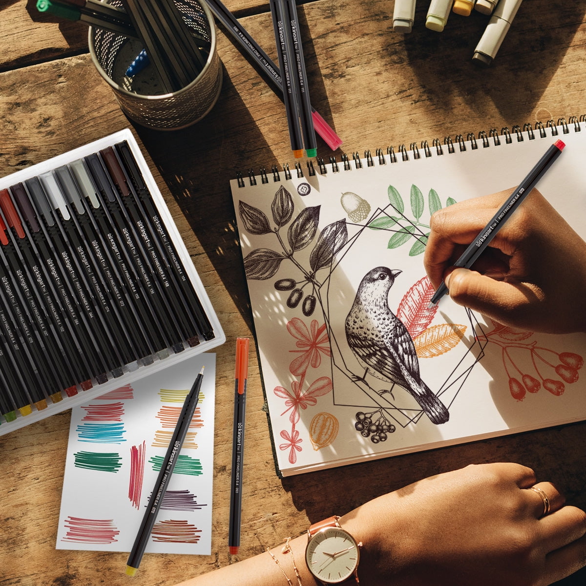 Kingart Pro Fineliner Pens, 0.4mm Line Width, Triangular Ergonomic Barrel, Set of 36 Unique Colors