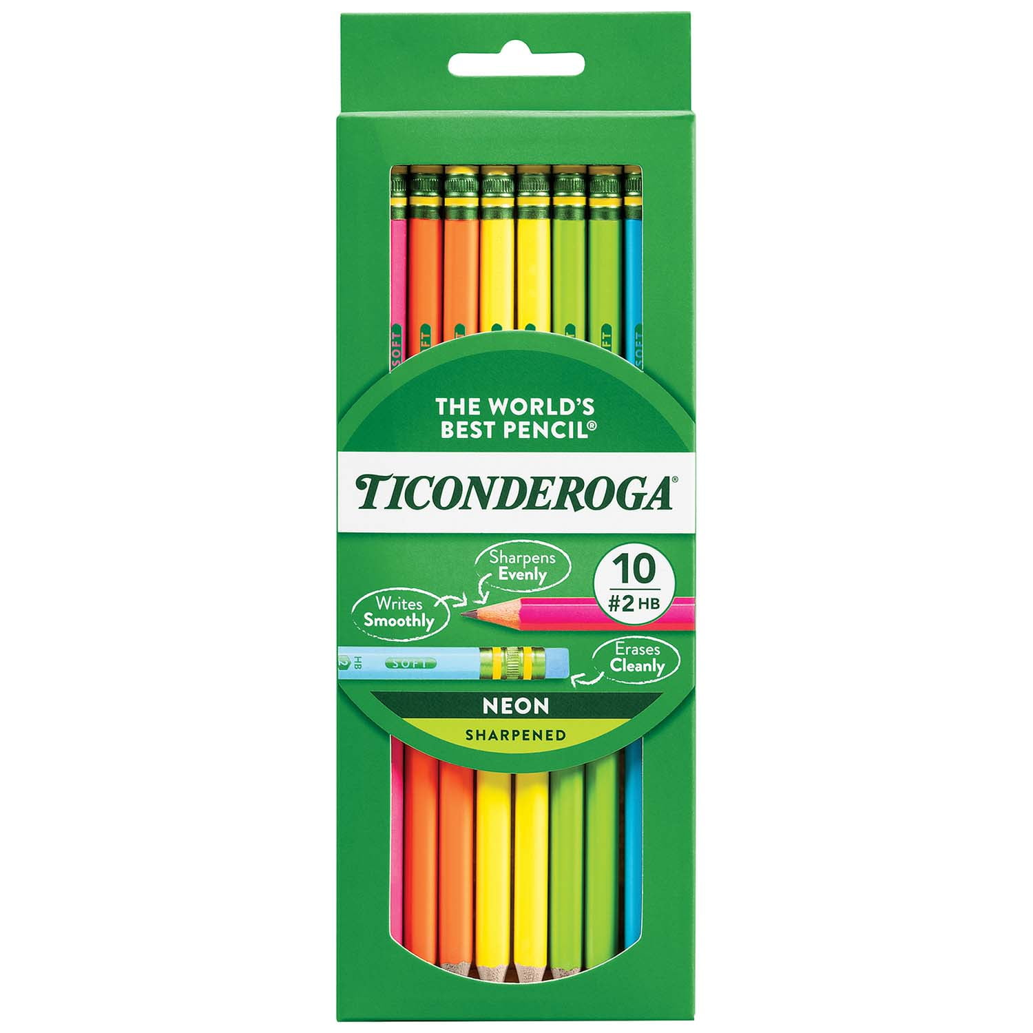 Ticonderoga Premium Neon Wood No. 2 Pencils with Eraser, 10 Per Pack, 6 Packs