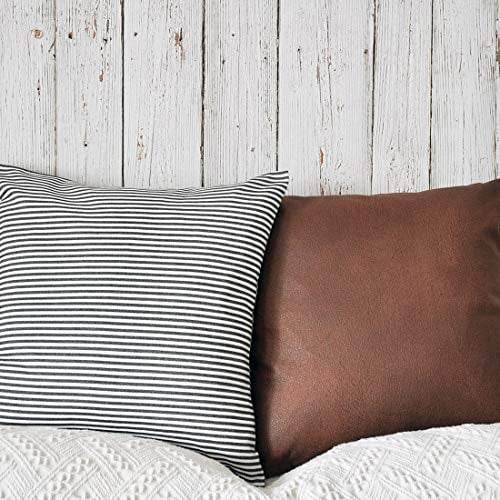 Pandicorn Set Of 2 Farmhouse Decorative Throw Pillow Covers Rustic Black And White Striped Pillows Case Brown Faux Leather Textured Cushion Cover For Couch Sofa 18 X Inch Com White Striped Throw Pillows, Modern Farmhouse Sofa Pillows