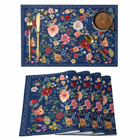 Placemats Set of 8, Navy Blue Flowers Woven Placemat, Linen Place Mats for Kitchen/Dining Tables, Spring Vintage Floral Leaves Farmhouse Washable Table Mats for Party