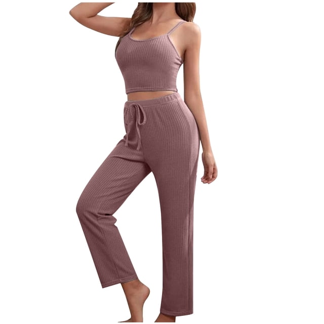 XZNGL Womens Home Wear Casual Solid Color Knitted Suspender Top, Pants, Robe, Pajamas, Three Piece Set