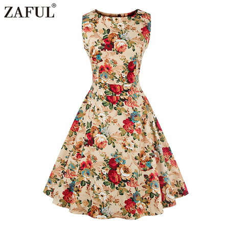 New Summer Hepburn Style Retro Floral Print Dress Womens Round Collar Sleeveless Full Circle Figuring Vintage Dress with