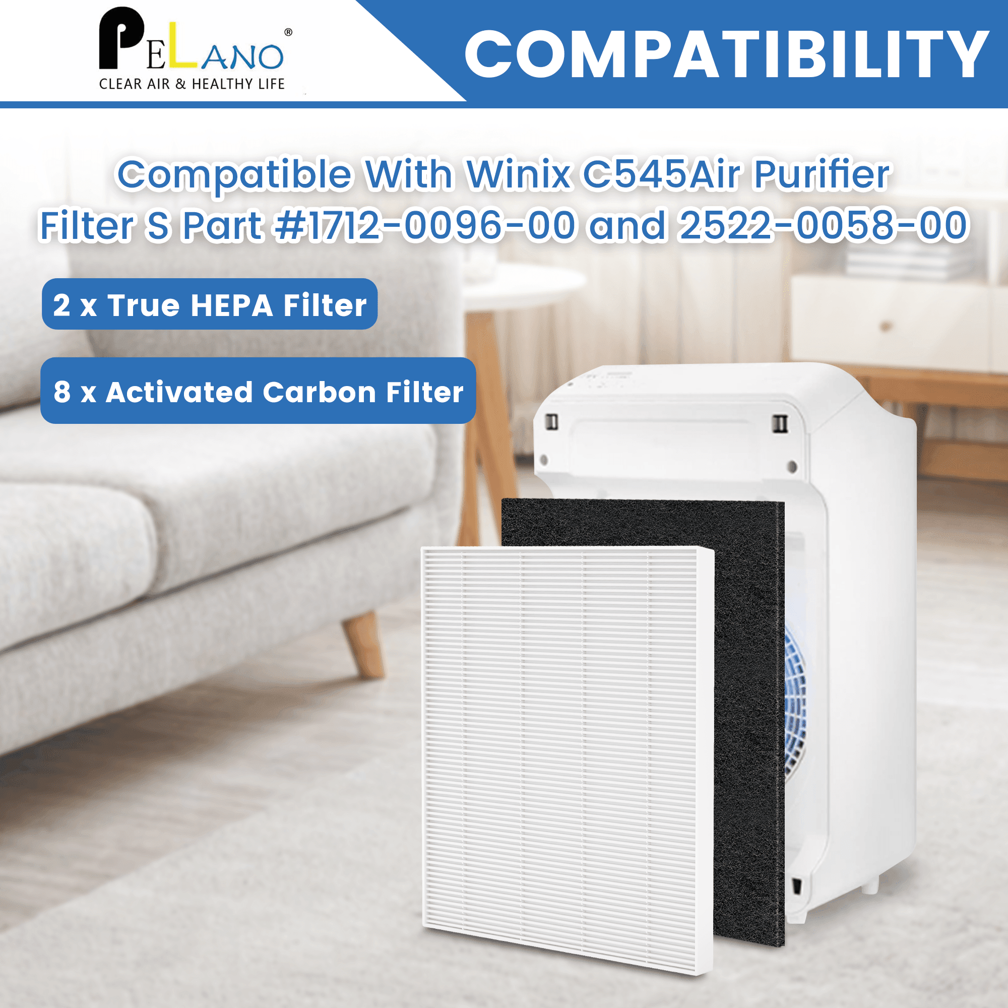 C545 True HEPA Replacement Filter S Compatible with Winix C545 Air Purifier, Part Number 1712-0096-00 and 2522-0058-00, 2 x True HEPA Filter + 8 x Activated Carbon Pre-Filter