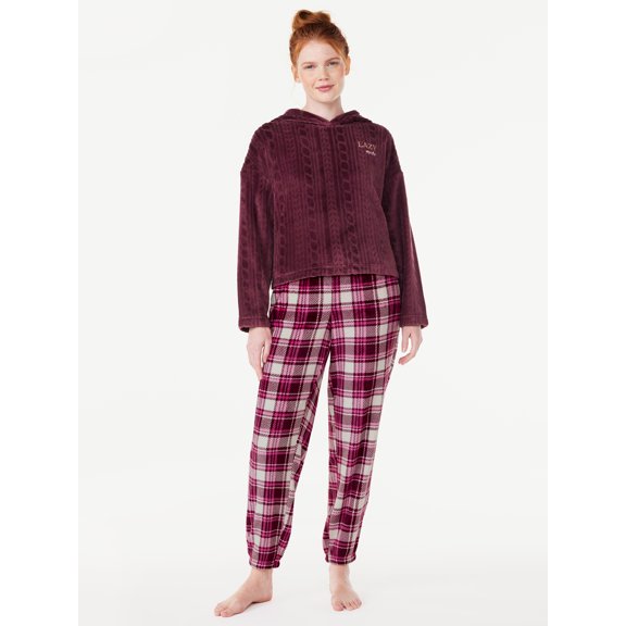 Joyspun Women’s Plush Hooded Top and Pants, 2-Piece Pajama Set, Sizes XS to 3X