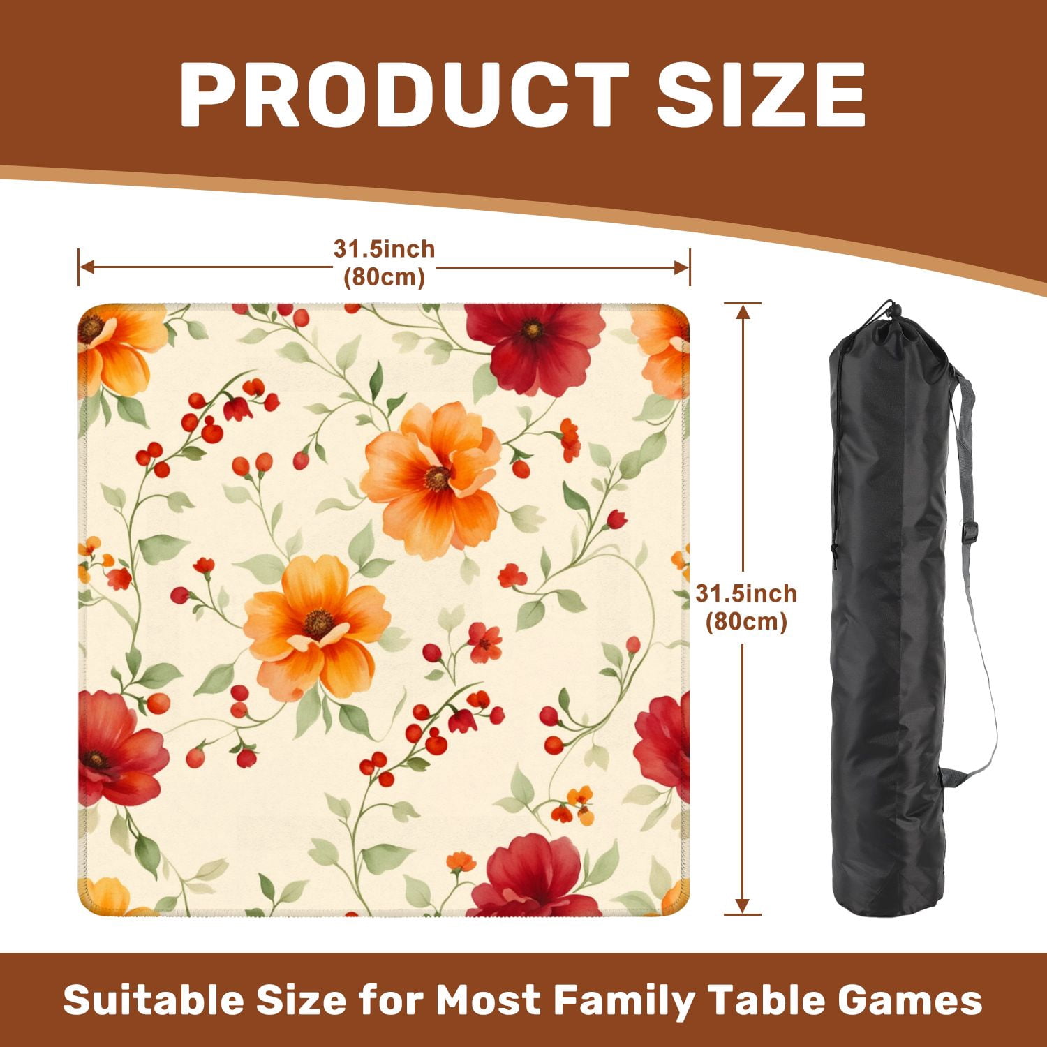 Mahjong Mat 31.5" x 31.5" Vintage Floral Orange Red Flowers Beige Non-Slip Noise Reduction American Mahjong Tiles Table Cover for Dominoes Poker Card Board Games Gift