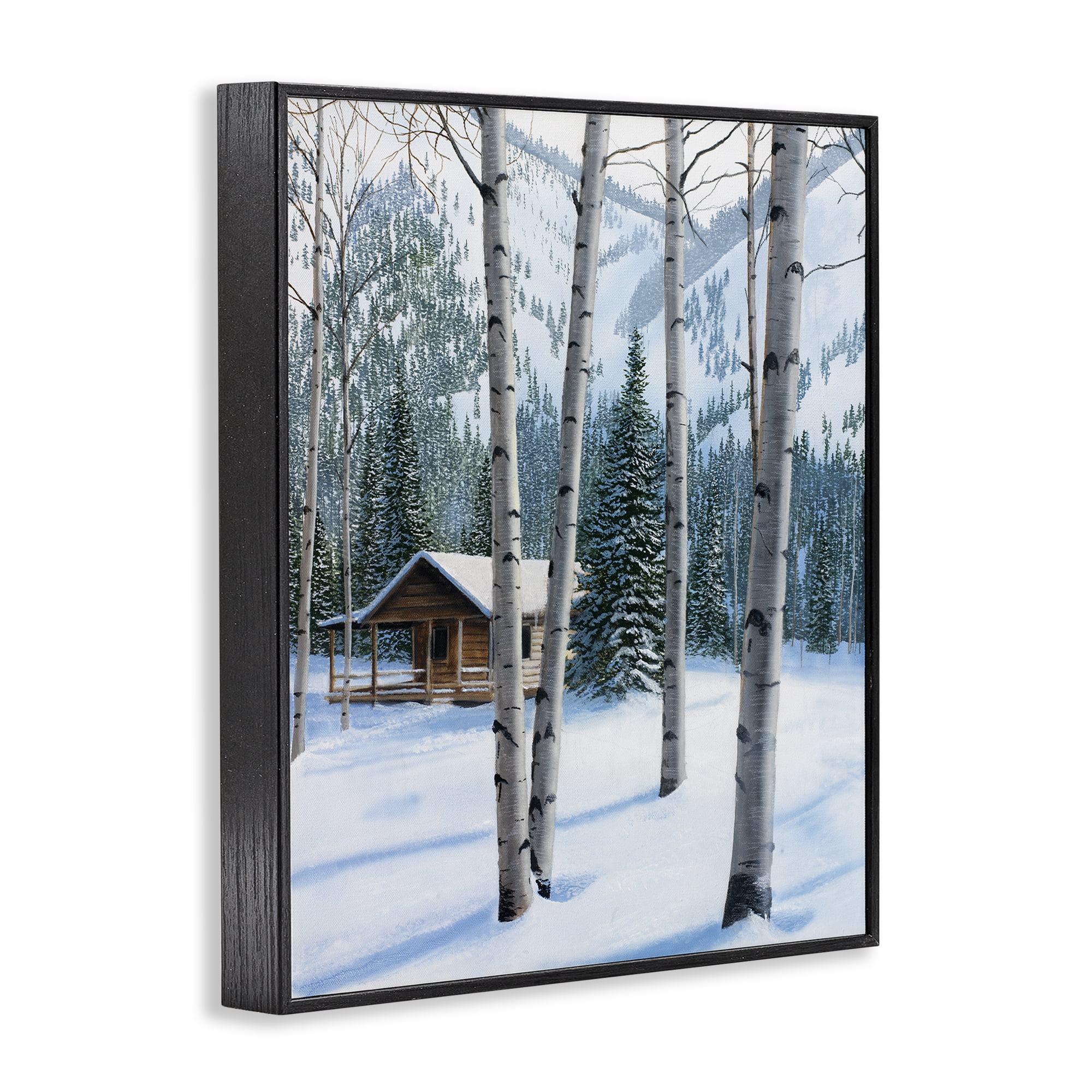 Stupell Industries Snowy Cabin Through Birch Landscape Painting Black Framed Art Prints Wall Art, 11 x 14