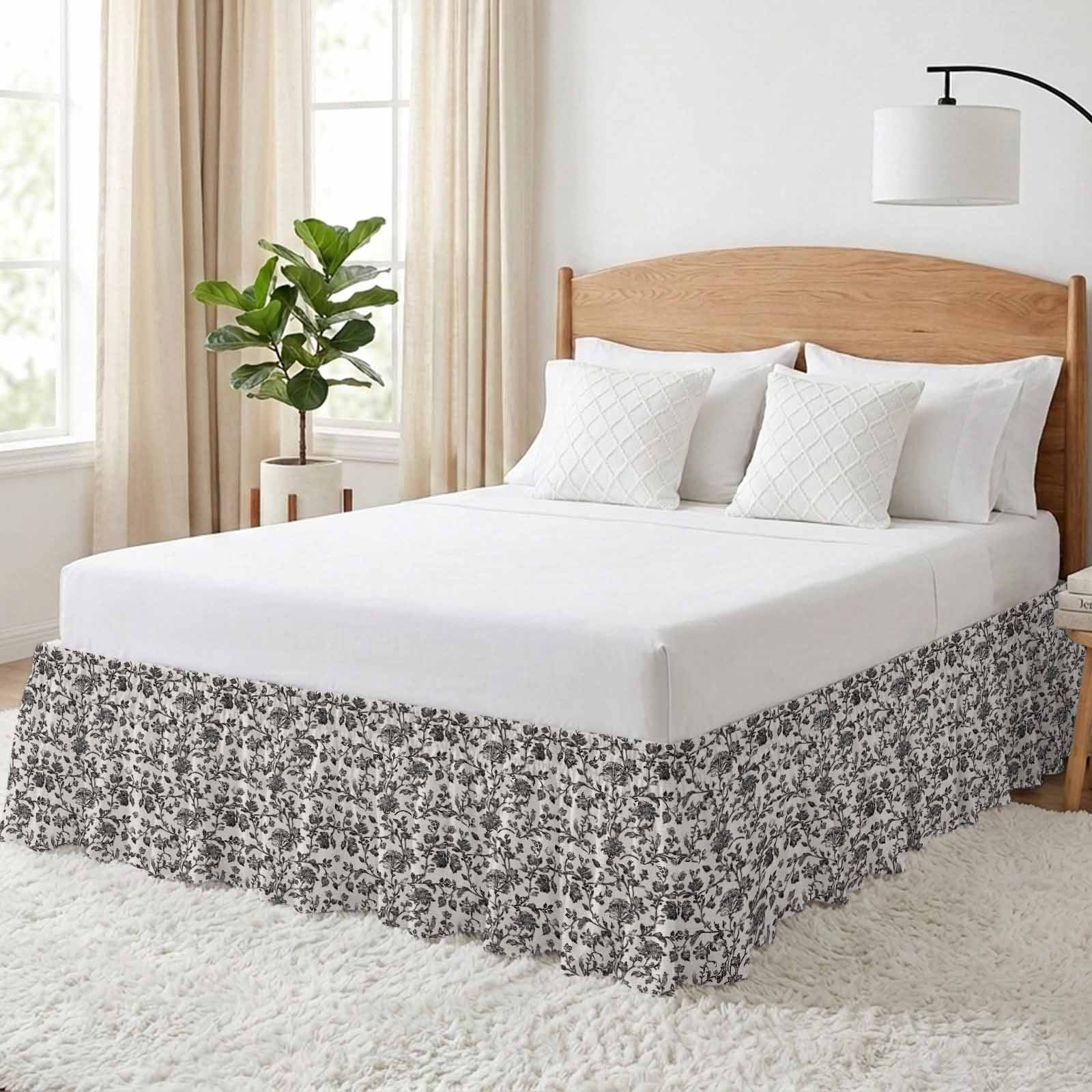 Farmhouse Black Bed Skirt Cal King Size,Vintage Flower Leaf Botanical Plant Wrap Around Bed Skirting with Adjustable Elastic Strap,Dust Ruffled Pleated Bedskirts 16 Inch Drop for Bedroom Beds