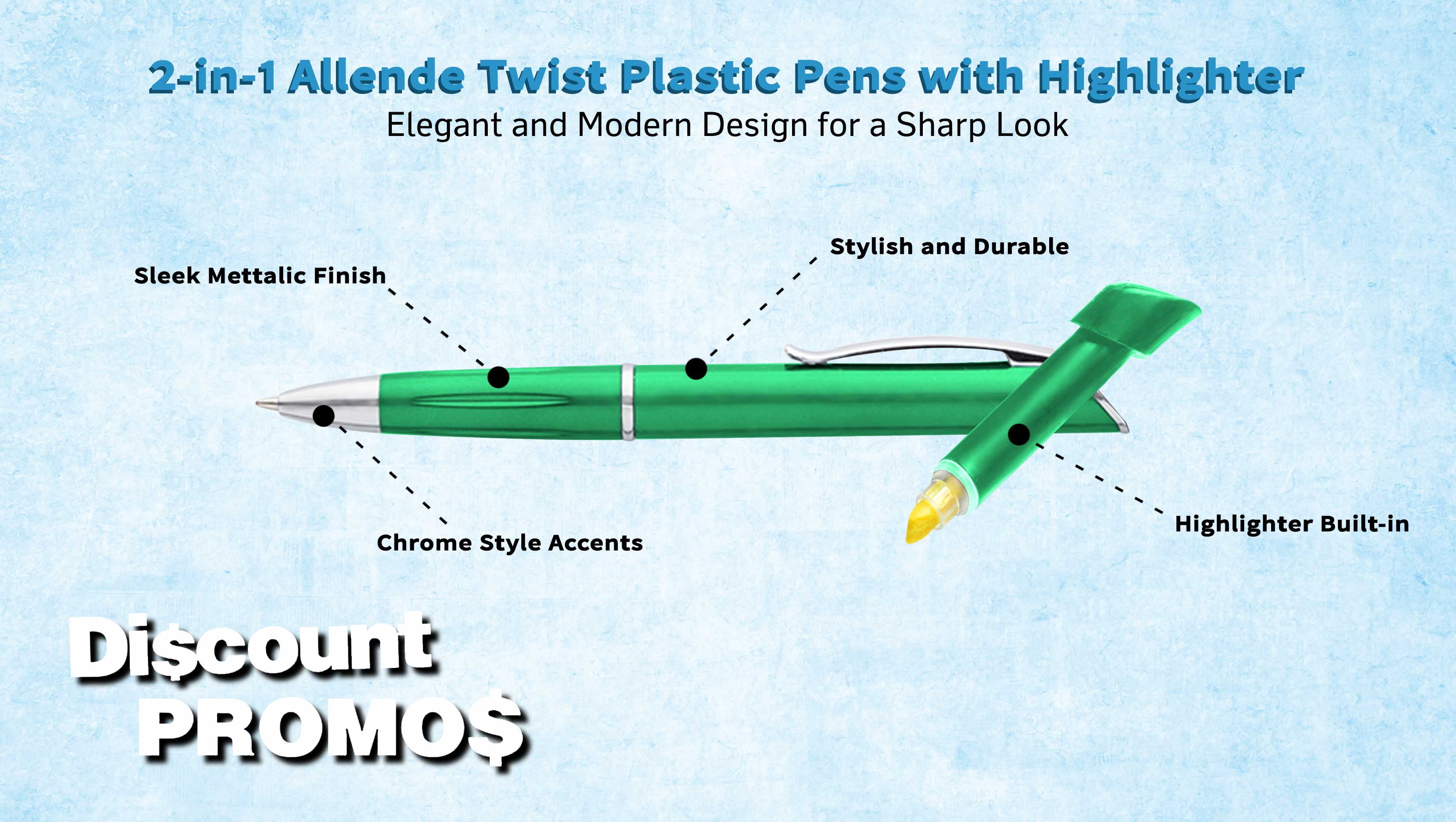 10 Allende Twist Plastic Pens with Highlighter Pack - Stylish, Durable, Black Ink - Green