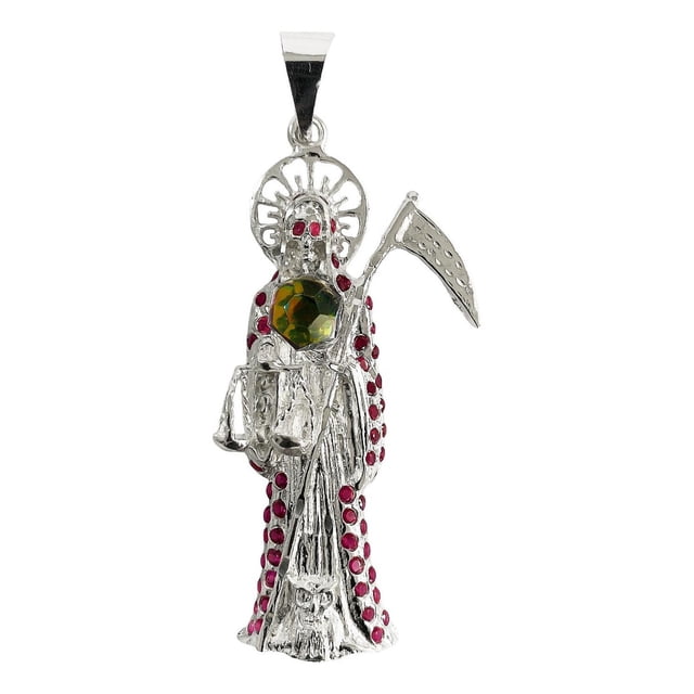 Dije Medalla Grande Santa Muerte Con Zirconias En Plata 925 JOYARIS Santa Muerte