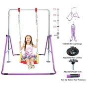 Expandable Gymnastics Bar 3 in 1 Set, Swing Seat & 2 Trapeze Rings - Kids Kip Junior Training Bars for Home, Folding Horizontal Monkey Bars Adjustable Height, Kip Balance Bar for Children (Purple)