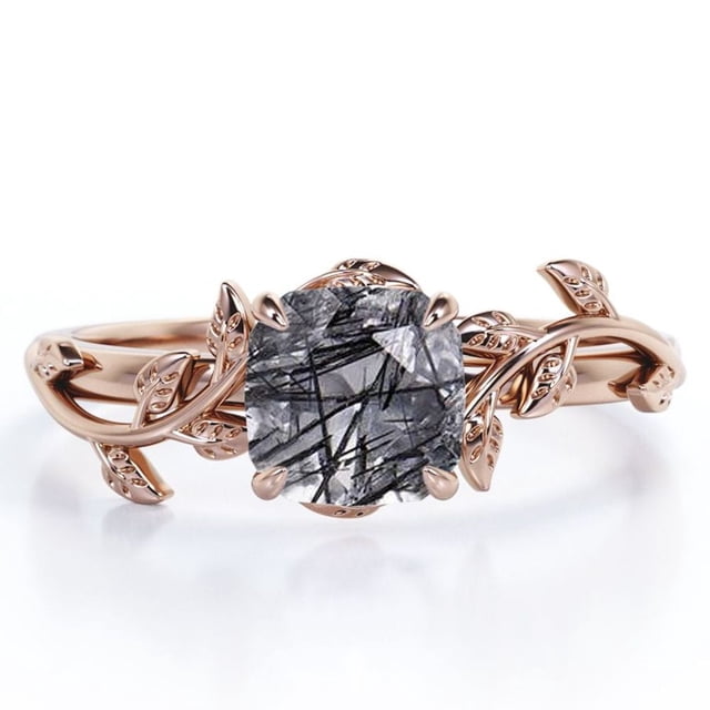 JeenMata Anillo de Compromiso de Inspiración Natural con Solitario de 4 Puntas de Cuarzo Rutilado Negro de Talla Cojín de 1 TCW en Baño de Oro Rosa de 18 K sobre Plata