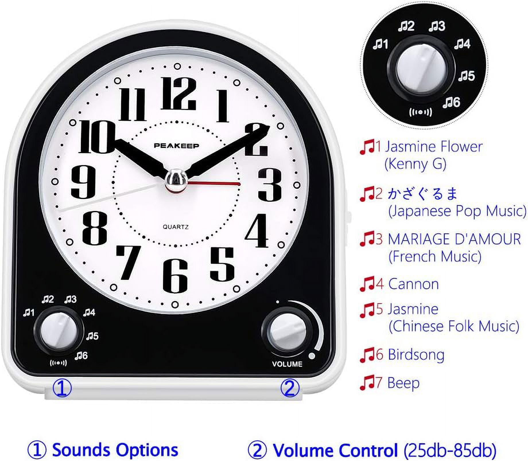 Analog Alarm Clock Non-Ticking Silent Optional 7 Wake-up Sounds with Volume Control Nightlight and Snooze AA Battery Operated (Black)