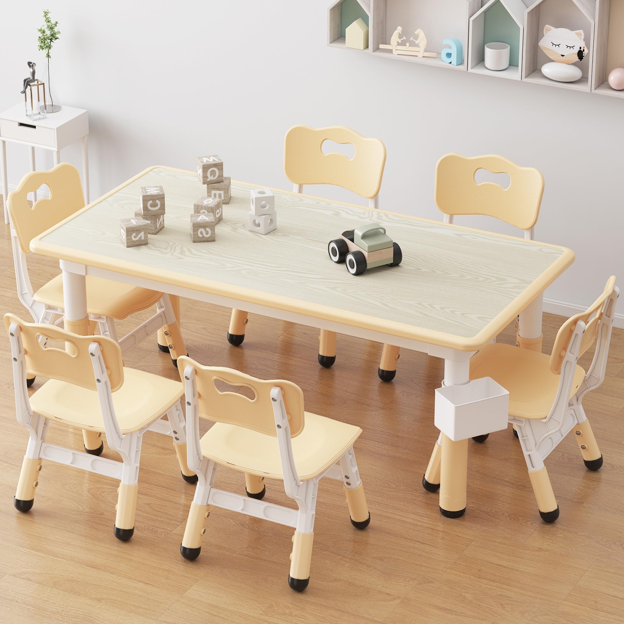 Accreate Kids Table & 6 Chairs Set with Storage Box - Height Adjustable Toddler Table for Ages 2-10, Graffiti Desktop, Non-Slip Legs - Ideal for Daycare, Classroom & Home Activities