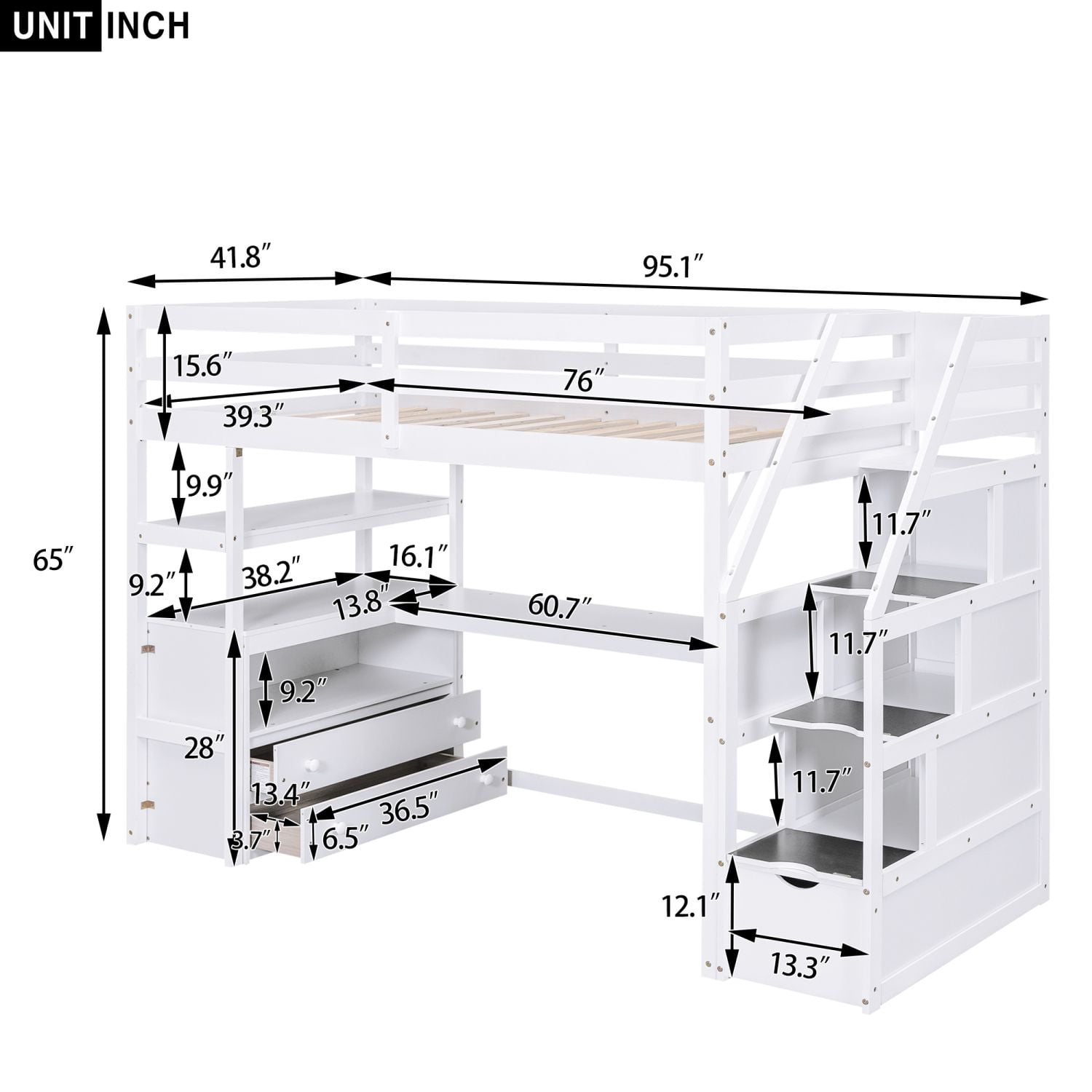 Asteroutdoor Twin Size Loft Bed with Desk and Shelves, Two Built-in Drawers, Storage Staircase, White