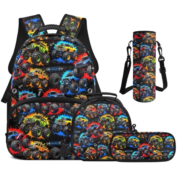 HUIACONG Burst Monster Truck Kids Backpack, 17 Inch Large Capacity Lightweight School Bag, Includes Bookbag, Lunch Box, Pencil Pouch and Water Bottle Sleeve, Complete 4PCS Set for Boys Girls Age 6-8