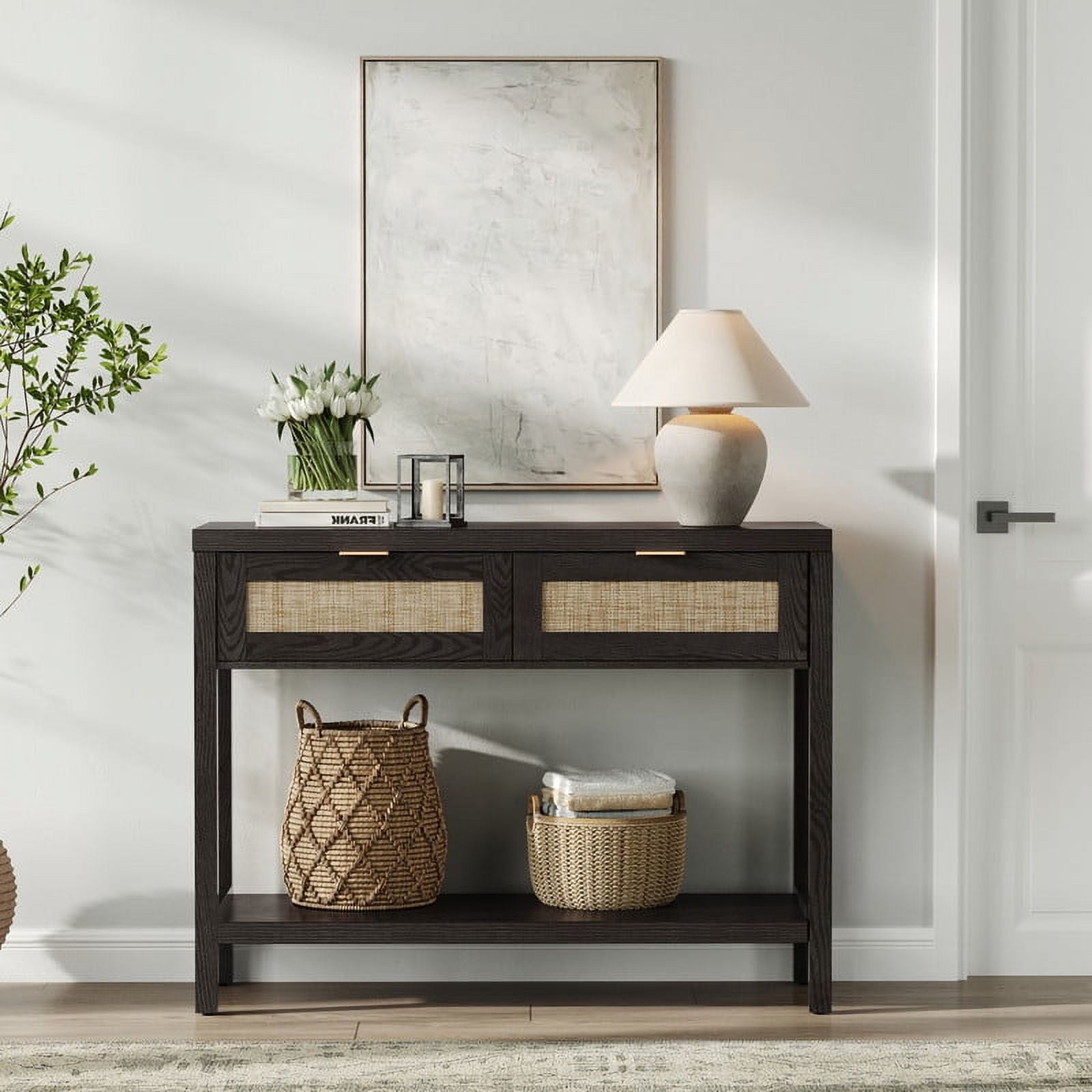 Surmoby Console Table with 2 Rattan Drawers,Boho Wood Entryway Table Hallway Table Sofa Table with Open Storage Shelf for Living Room,Foyer and Corridor,Black Oak