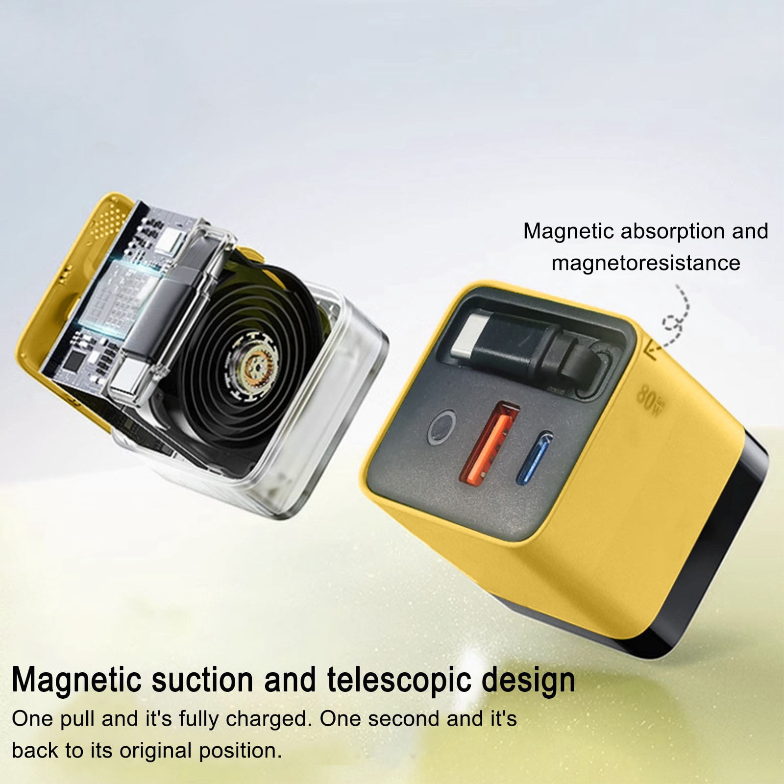 JoyHoop 80W Retractable Wall Charger with Built-in USB-C Cable, 3-in-1 Fast Charging for Laptops and Phones, Yellow
