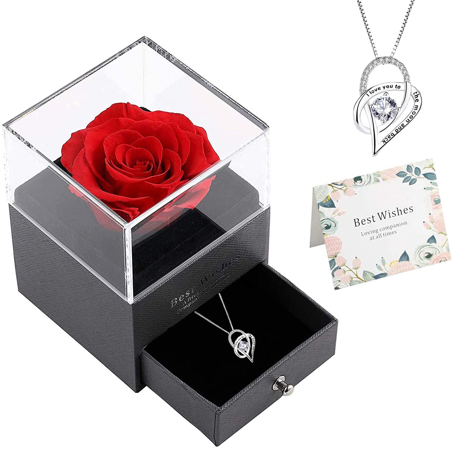 Preserved Real Rose with Necklace Eternal Rose Flower in Jewelry Box Forever 