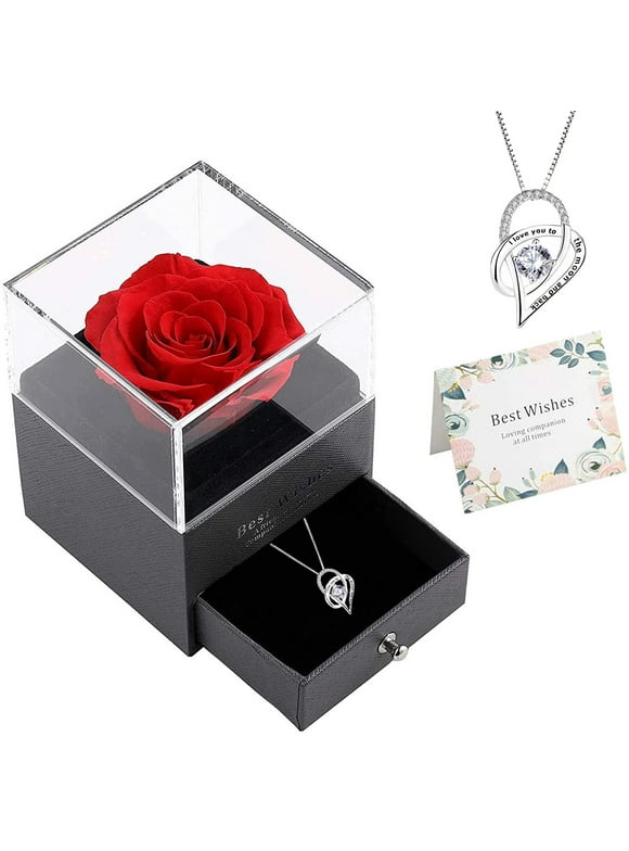 Gifts for Mom Preserved Real Rose with Necklace Gift Set, Sterling Silver Love Heart Cubic Zircon Pendant Necklace with Gift Box and Card, Mothers Day/Birthday Gifts for Mom/to Be New Mom Gifts