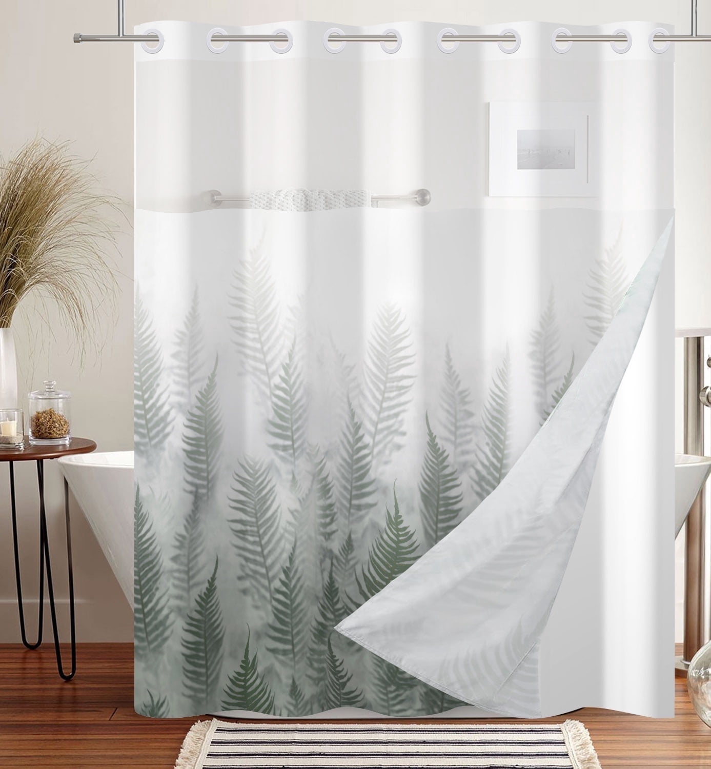 Mizhonag Grey and Green Hookless Shower Curtain with Snap in Liner Forest No Hook Waterproof Fabric Bathroom Curtain,71"× 74"