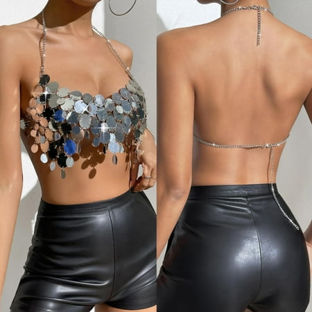 SNKSDGM Female Black Tank Top Woman with Built in Bra Crop Tank Top for Women Cropped Pack Ladies Nightclub Sexy Sequin Backless Chain Adjustable Vest Camisole One Size