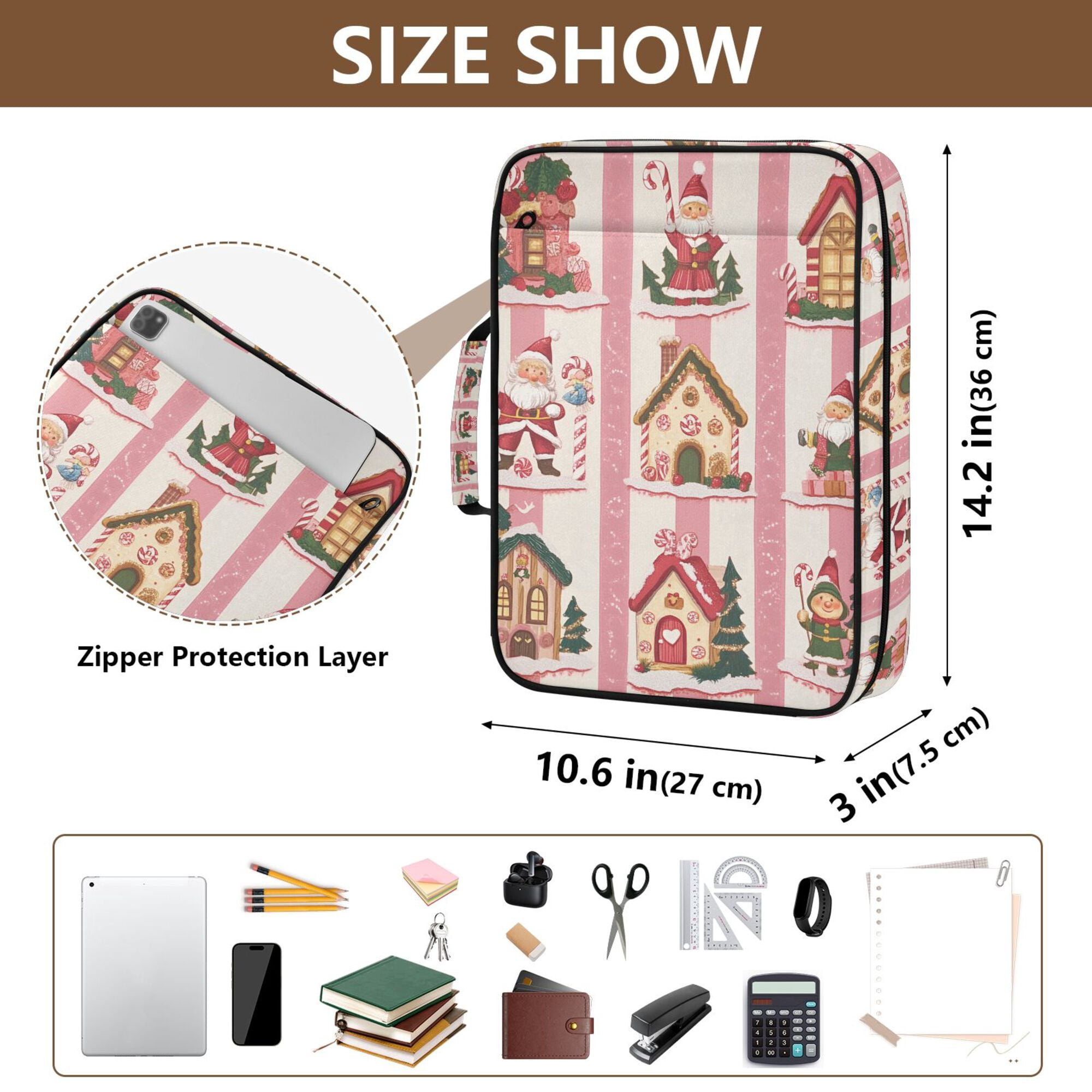 FORMRS Accordion File Folder A4 Size 7-Pocket Expanding Document Organizer Bag with 3 Ring Binder, Green Christmas Houses