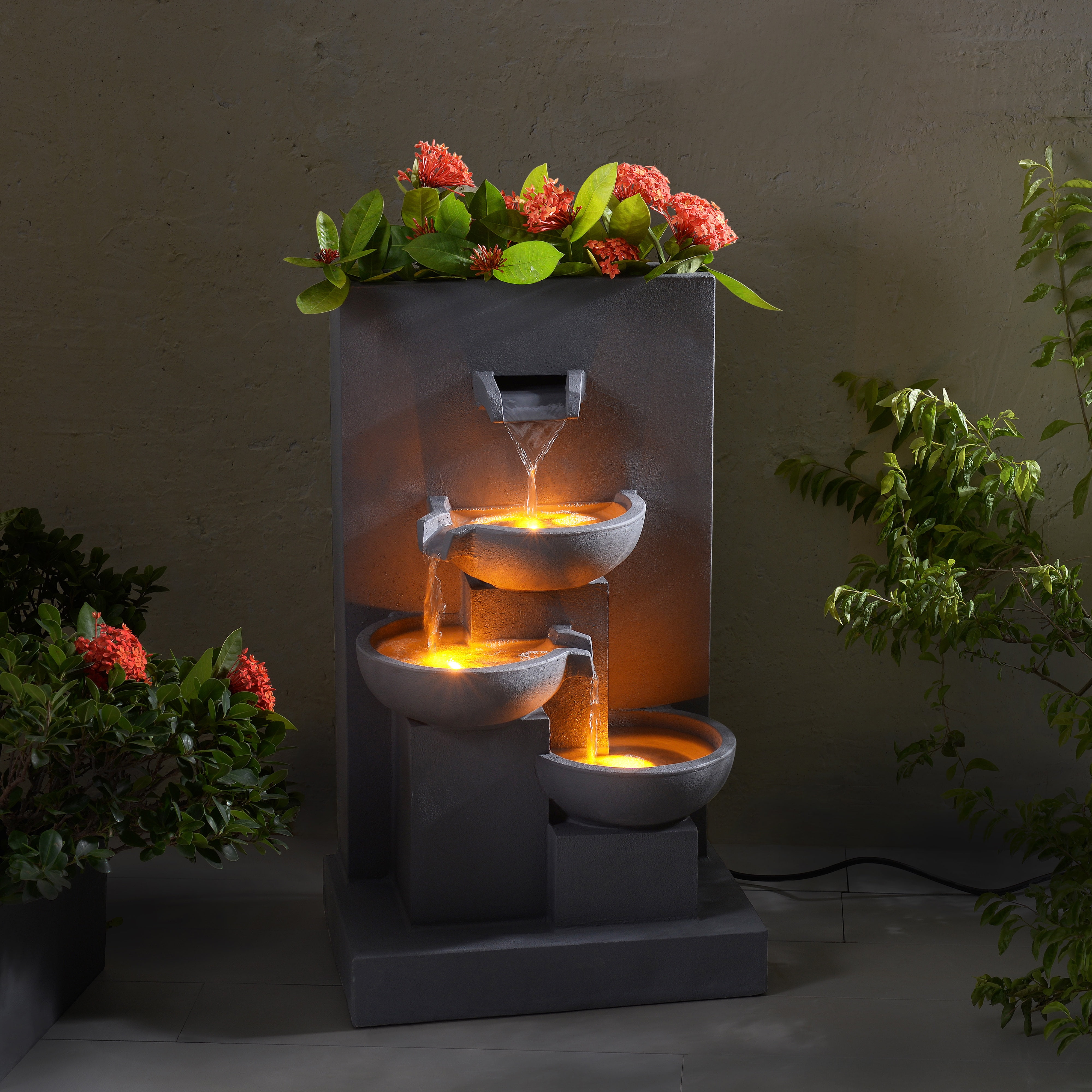 Teamson Home 3-Tier Cascading Outdoor Water Fountain with Planter & LED Lights, Gray