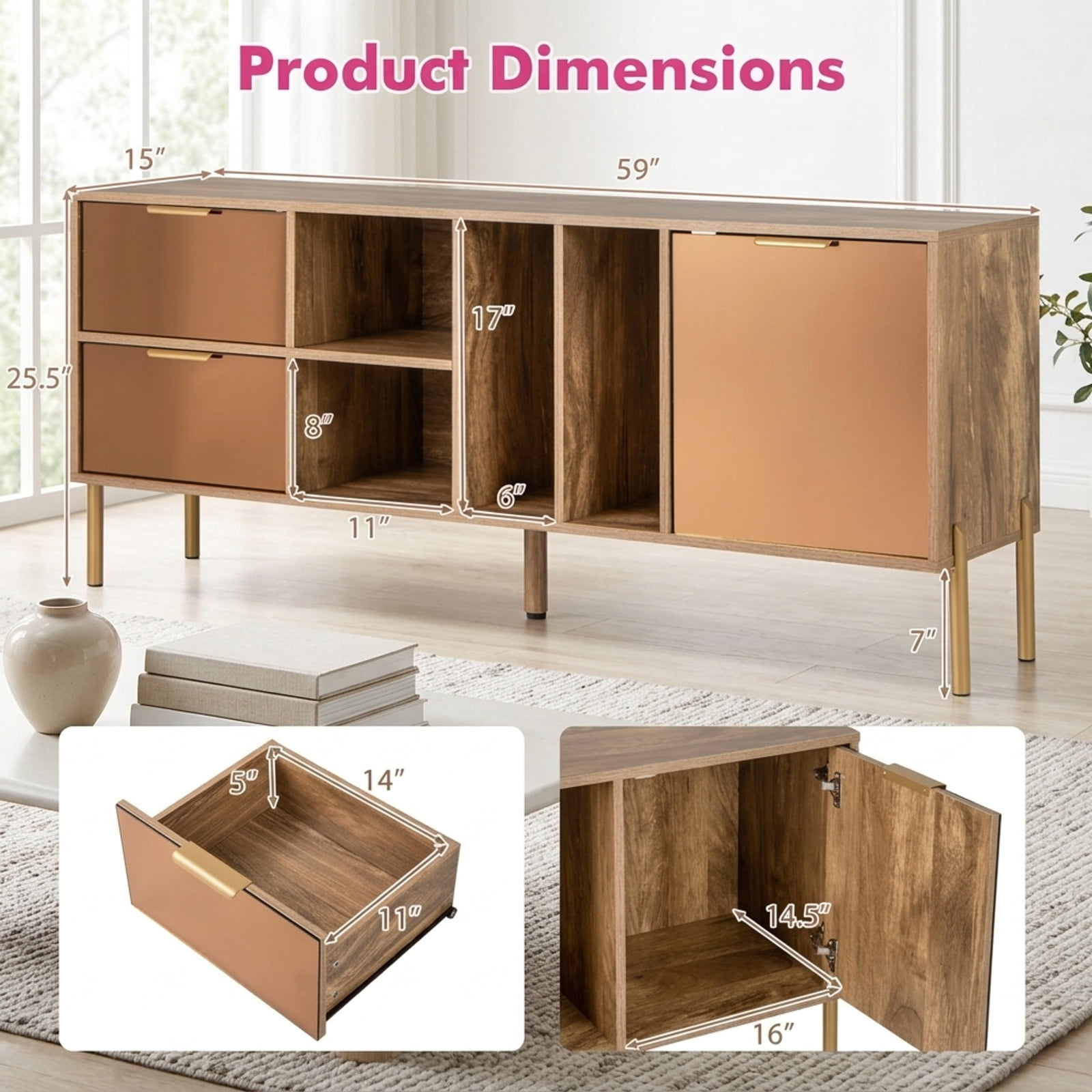 Furnibear Mirrored Buffet Cabinet with 2 Drawers and 1 Door for Living Room for Kitchen Dining Living Room Buffet Storage Server, Natural